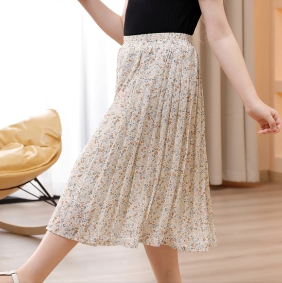 Manydress beige floral chiffon pleated elastic high waist a line midi skirt - Picture 3 of 14